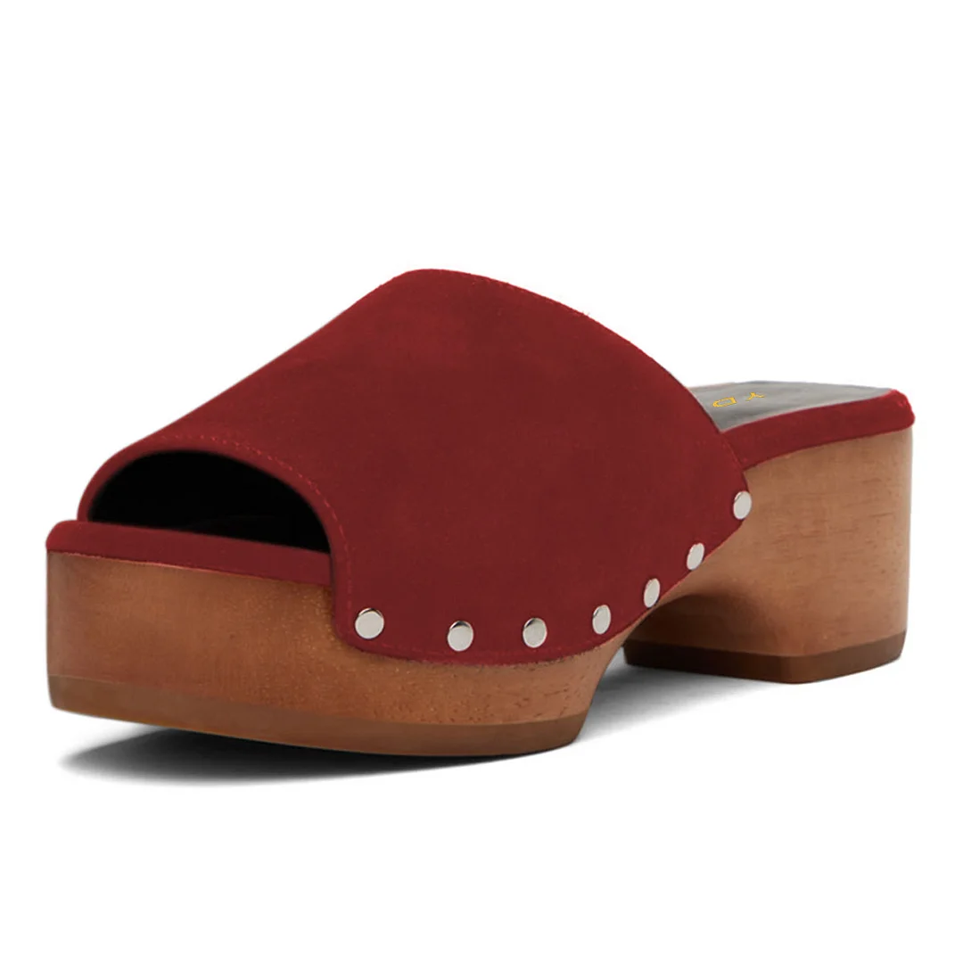 Burgundy Open Round Toe Clogs Platform Slide Sandals with Studs