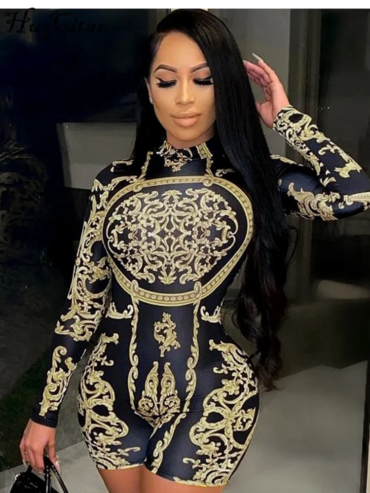 Hugcitar Classical Print O Neck Long Sleeve Playsuit 2022 New Year Sexy Slim Sports Elegant Casual Streetwear Concise Y2K