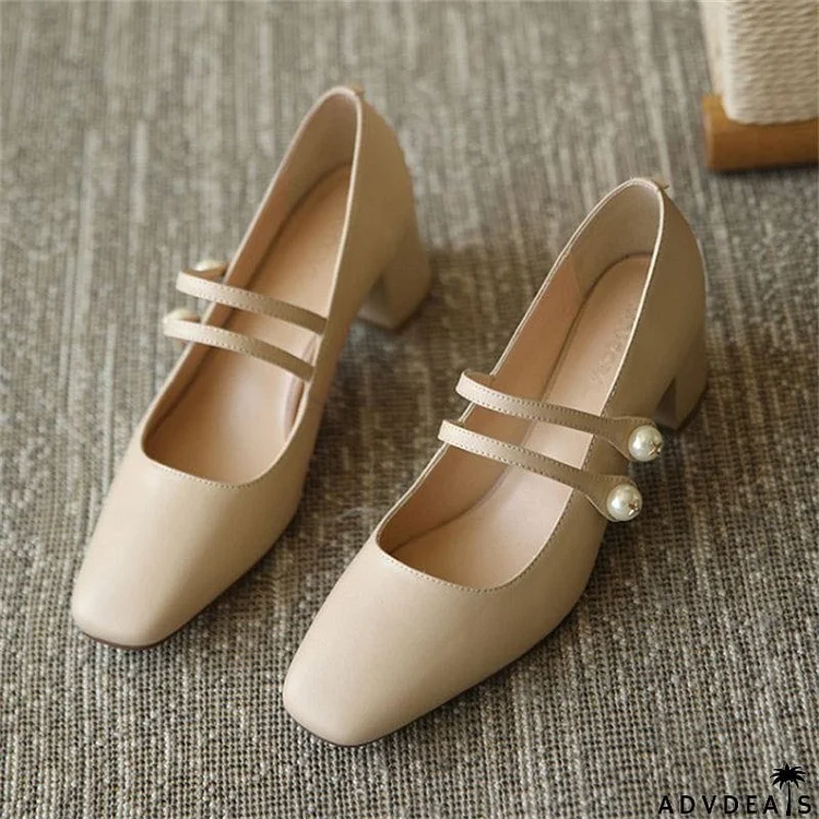 Luxury Simple Square Toe Pearl All Match Women's Pumps