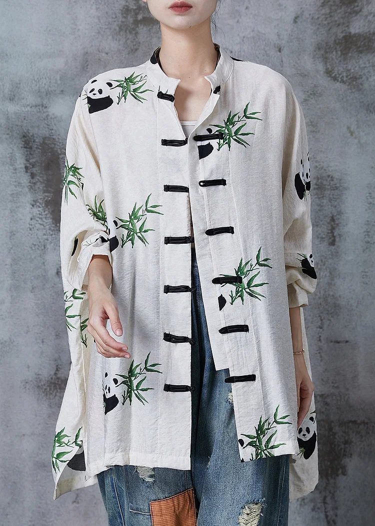 Vintage White Oversized Print Cotton Blouse Top Fall