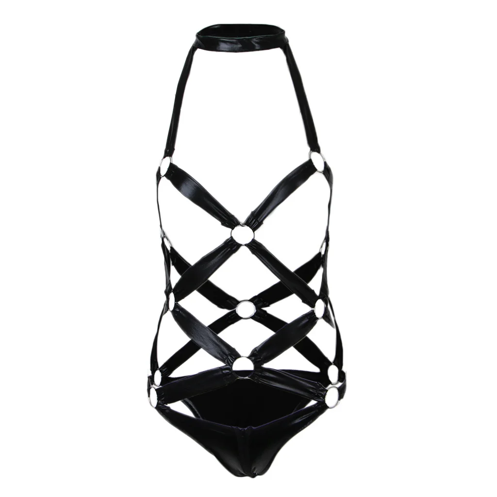 Brownm Sex Lingerie Imitation Kraft Metal Chain Set Sexy Leather (PV) Patent Leather Clothes Sexy Lingerie