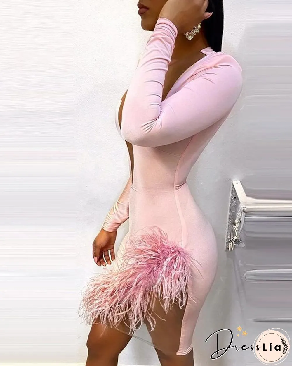 Fluffy Trim Cutout Sheer Mesh Bodycon Dress