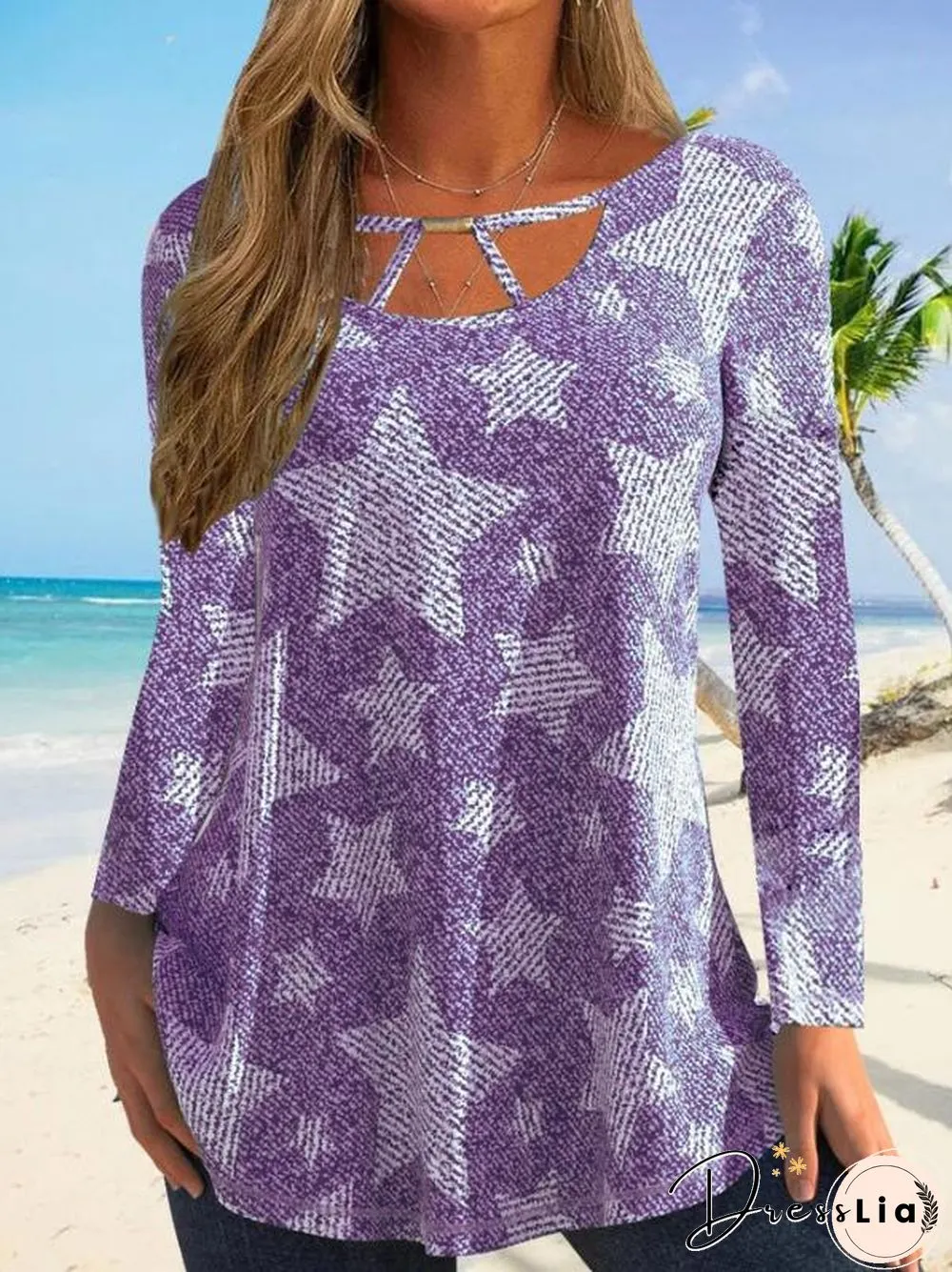 Cutout Neck Star Graphic Stripe Long Sleeve Shirt