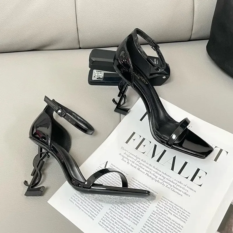 Breakj Breakj Gold Letter High Heels Women 2025 New Word With Sandals Female Leather Letter Root Metal Sandals
