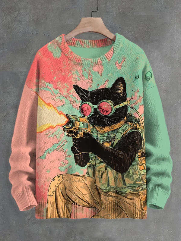 Men's Black Cat In Battle Colour Block Art Print Knit Sweatshirt