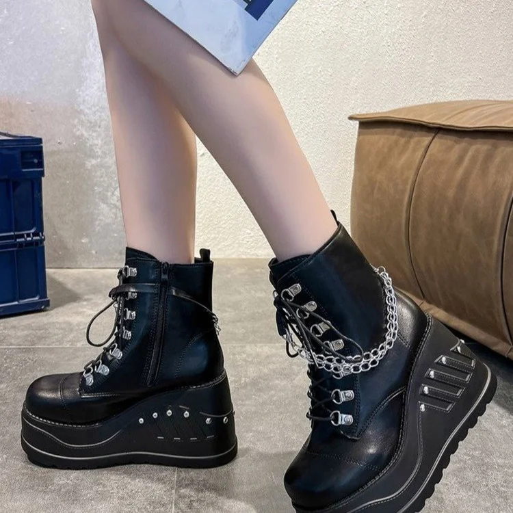 Qengg Qengg New Autumn And Winter Round Head Side Pull Chain Thick Bottom Short Boots Women 43 Large Slope And Martin Boots