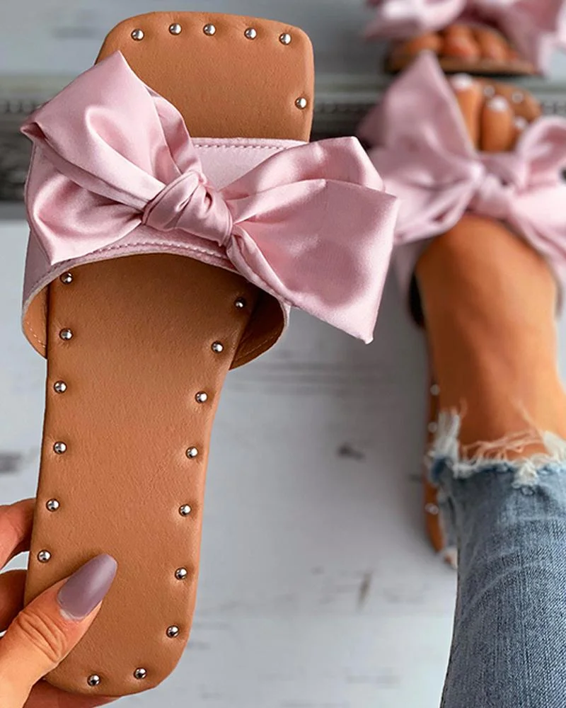 Satin Bowknot Decor Square Toe Flat Sandals