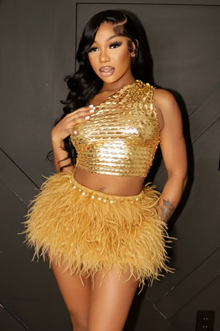 Metallic One Shoulder Top Feather Mini Skirt Party 2pcs Set-Gold [Pre Order]
