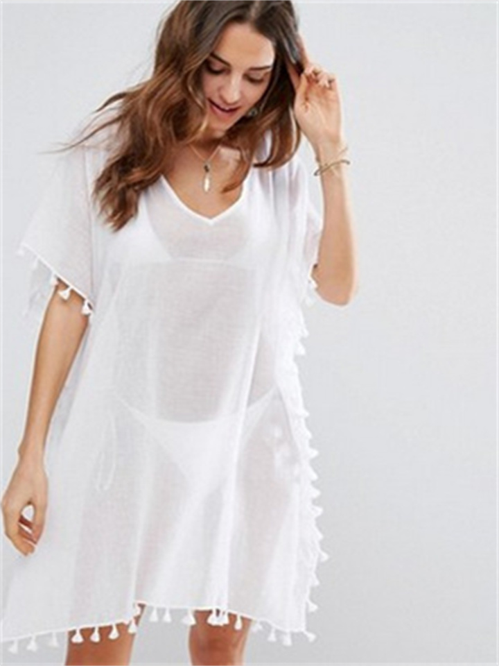 Summer Women's Short-sleeved Round Neck Chiffon Tasseled Dress Large Size Loose Beach Cover-ups