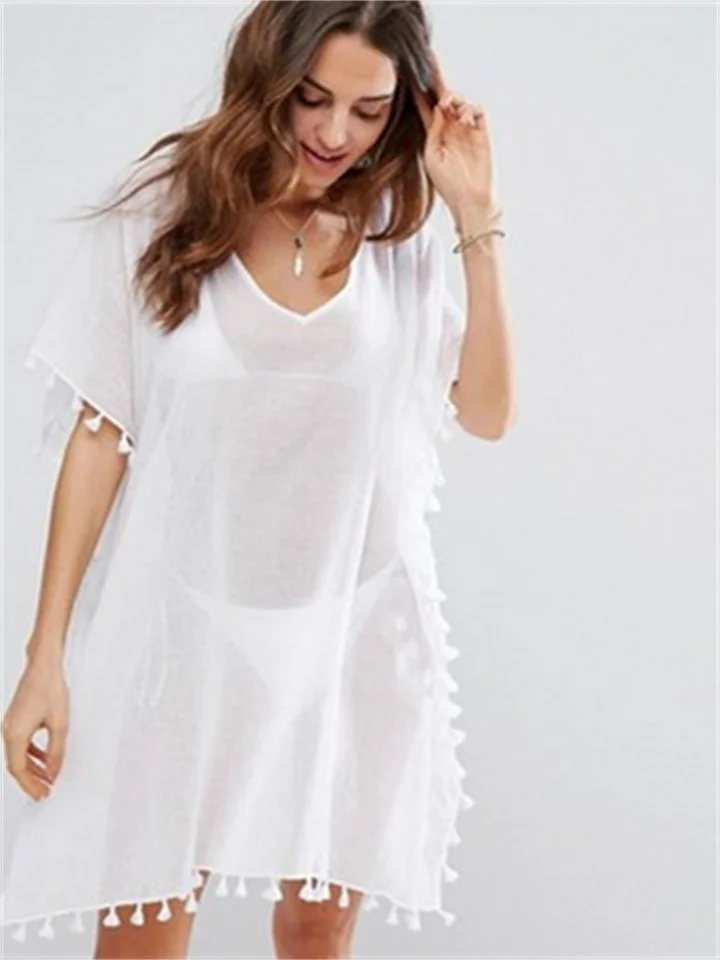 Summer Women's Short-sleeved Round Neck Chiffon Tasseled Dress Large Size Loose Beach Cover-ups | 168DEAL