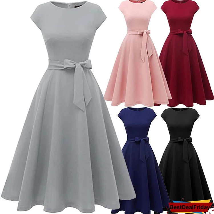 Women's Vintage Tea Dress Prom Swing Cocktail Party Dress with Cap-Sleeves