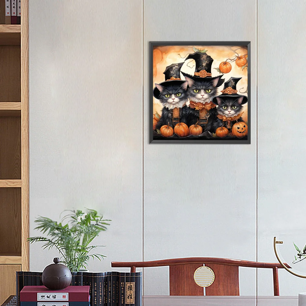 5D DIY Full Round Drill Diamond Painting Halloween Cat Pumpkin Kit Decor 30x30cm