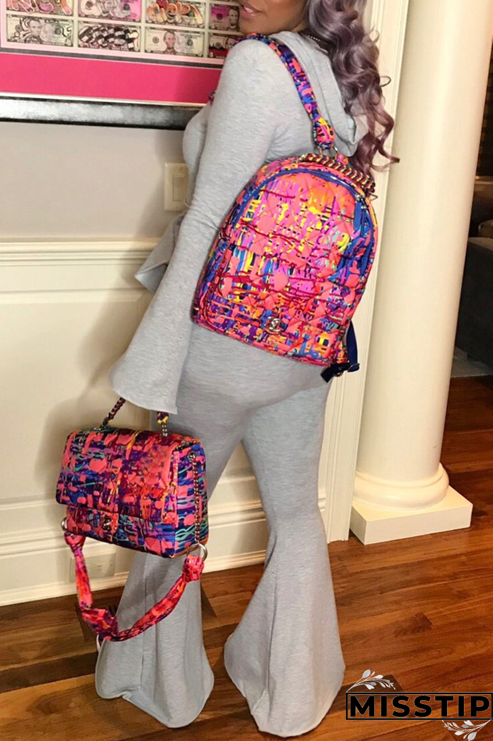 Grey Casual Print Patchwork Hooded Collar Long Sleeve Two Pieces