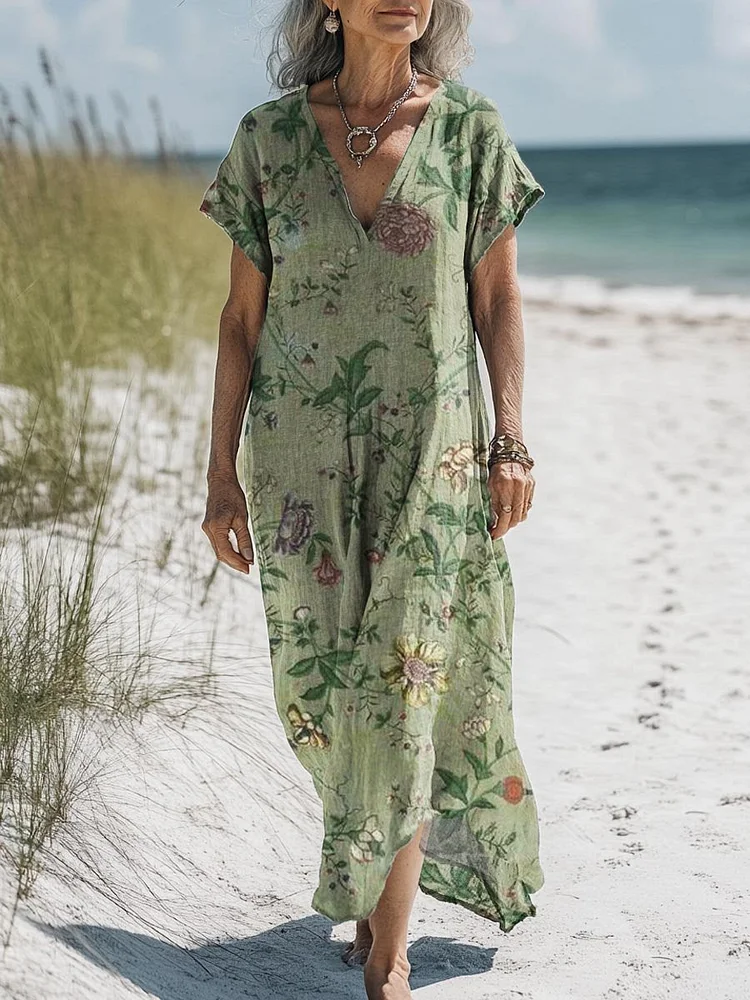 Women's Vintage Lovely Floral Art Print Pocket Cotton Dress