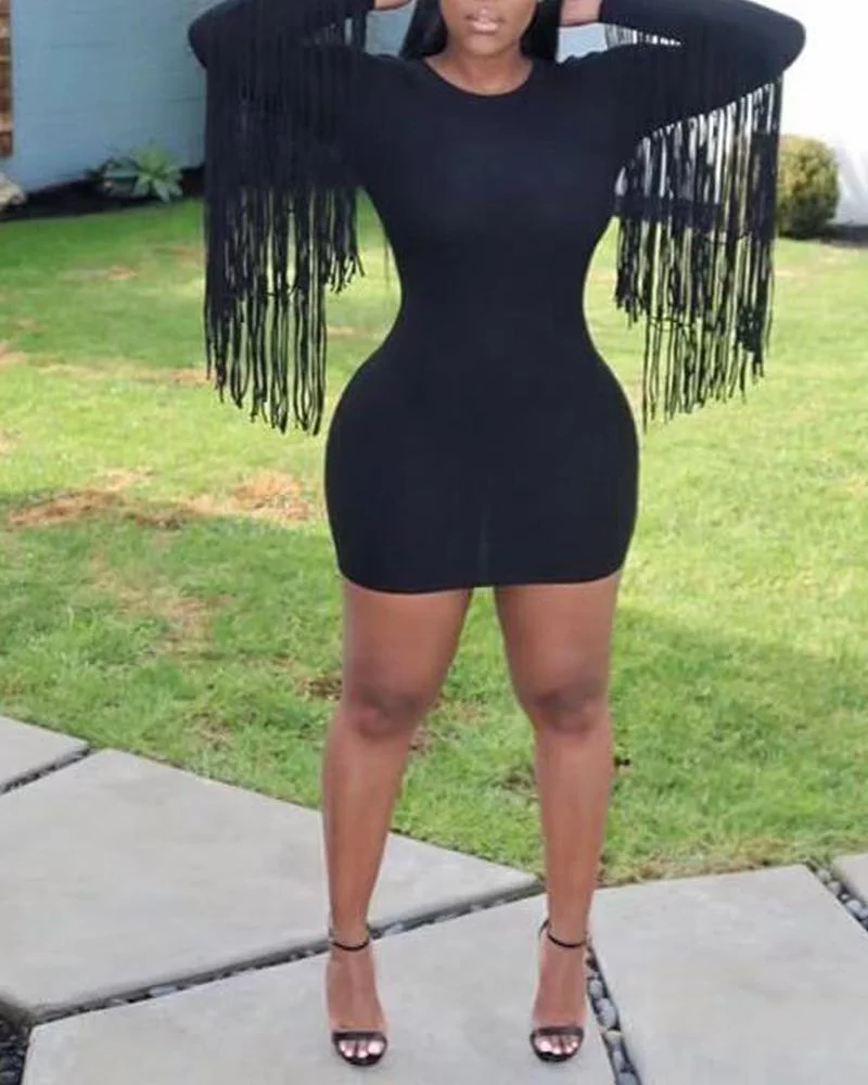 Tassel Sleeve Bodycon Mini Dress Black Dresses