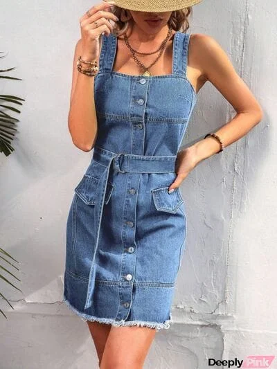 Button Up Raw Hem Denim Dress