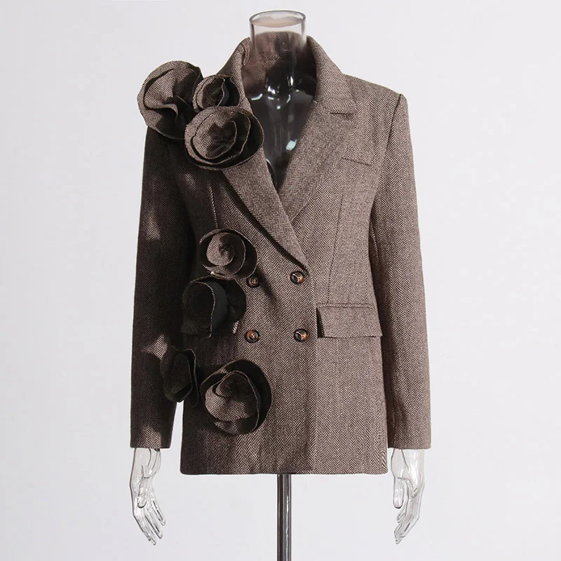 Zingj French Retro Style Double Buckle Small Suit 2025 New Handmade Three-Dimensional Flowers High-Grade Hair Blazer Suit Jacket