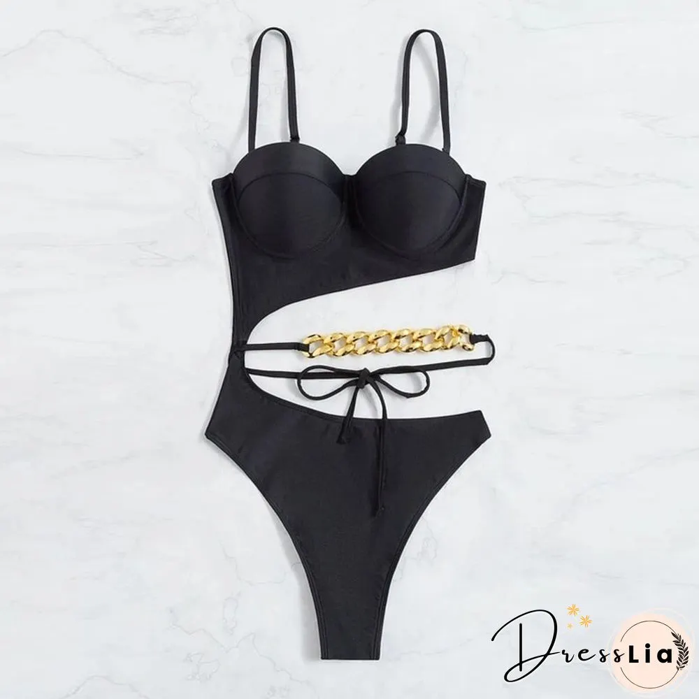 One Piece Backless Lace-up Push Up Beachwear Sexy Solid Hollow Chain High Waist Swimsuit Bikinis New Fashion Underwire Bodysuits
