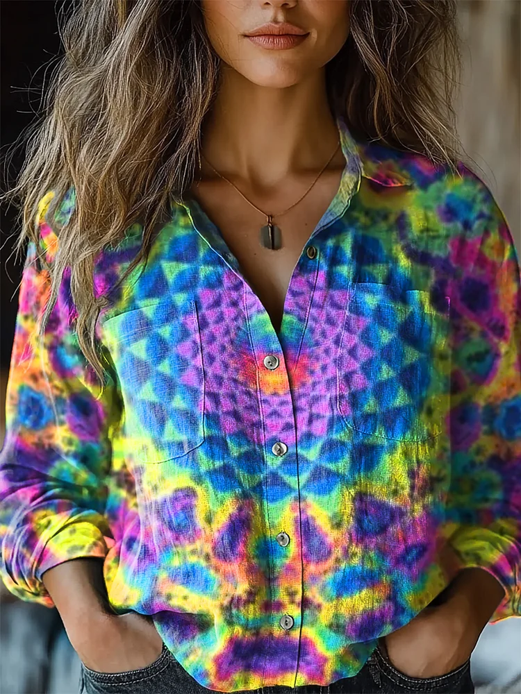 Women's Trippy Tie Dye Kaleidoscope Print Casual Long Sleeve Comfortable Cotton Shirt