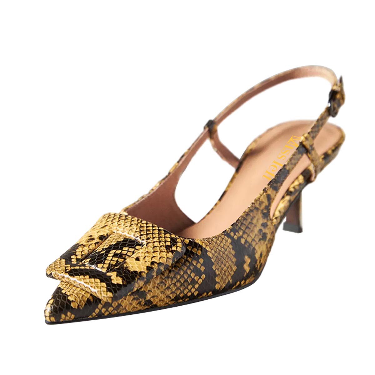 Yellow & Black Python Printed Pointed Toe Buckle Slingback Heels Nicepairs