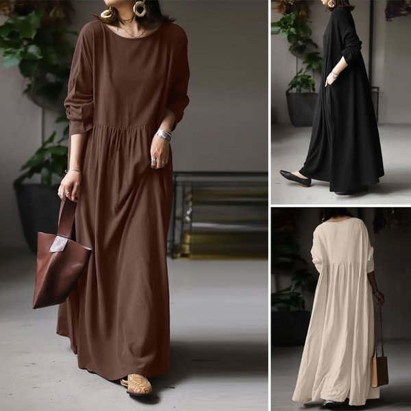 ZANZEA Women Autumn Long Sleeve Robe Solid Color Long Dress Casual Cotton Maxi Dresses - BlackFridayBuys