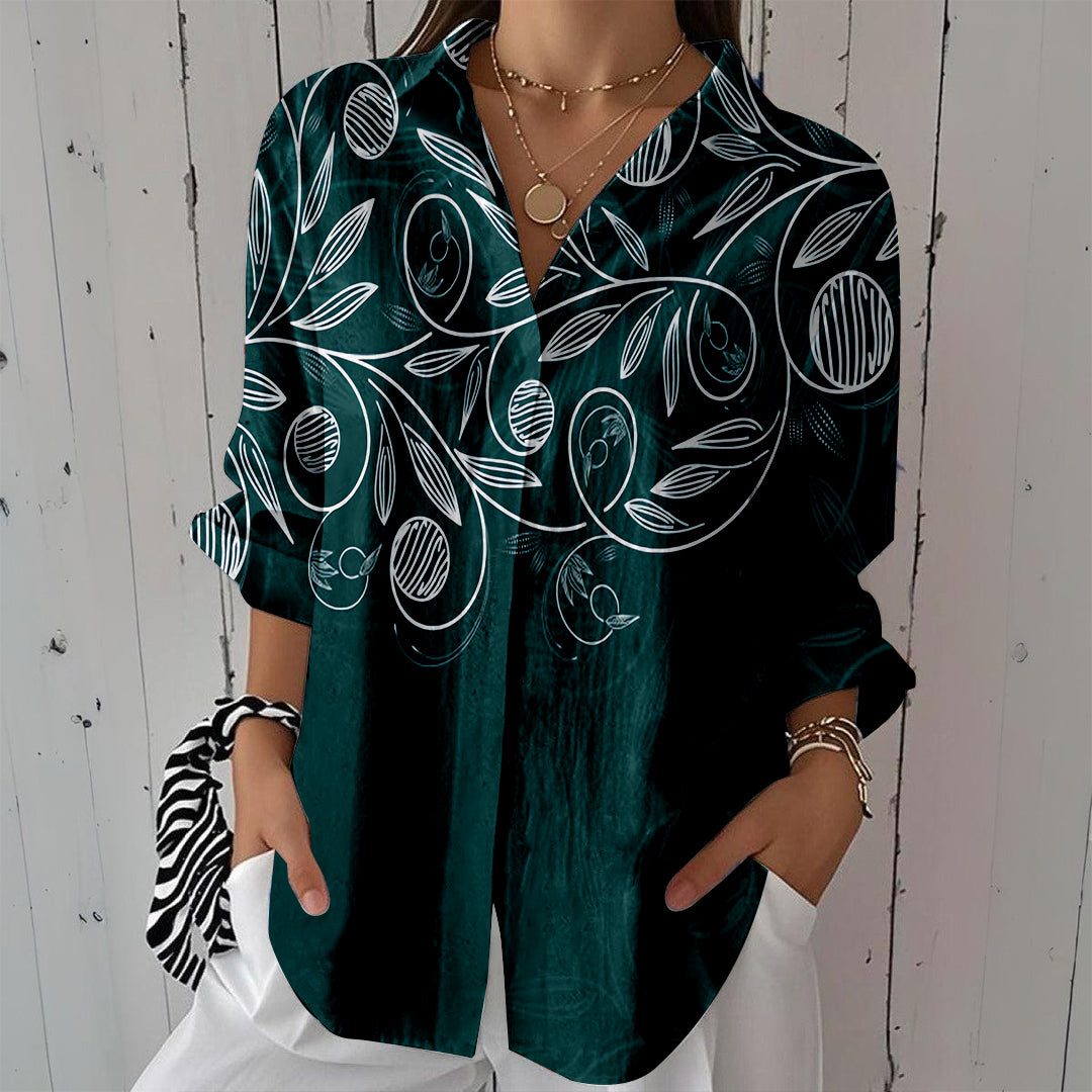 Women Long Sleeve V-neck Graphic Floral Printed Top