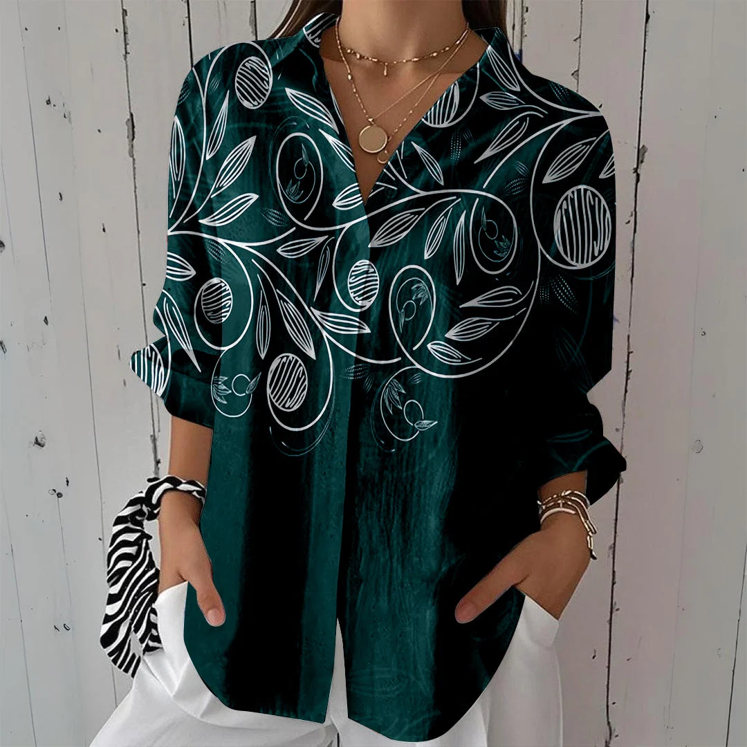 Style & Comfort for Mature Women Women Foliage, Dark Green, White DZCL0446 3/4 Sleeve Shirt Collar Printed Button Tops