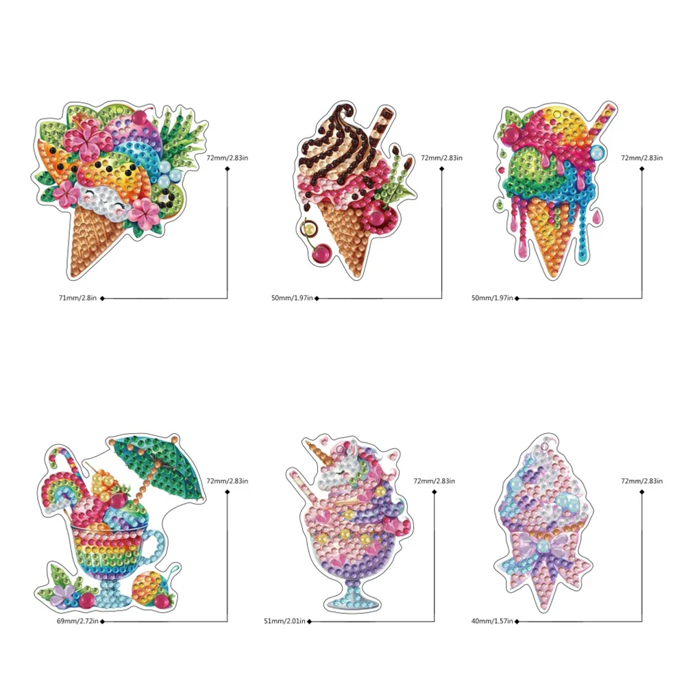 6Pcs Double Sided Special Shaped Ice Cream Diamond Painting Keychain for Adults