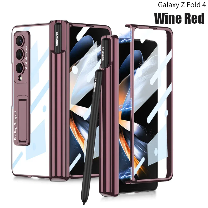 For Samsung ZFold4 Magnetic Hinge Folding Shell Film Electroplating Bracket Pen Slot Mobile Phone Case