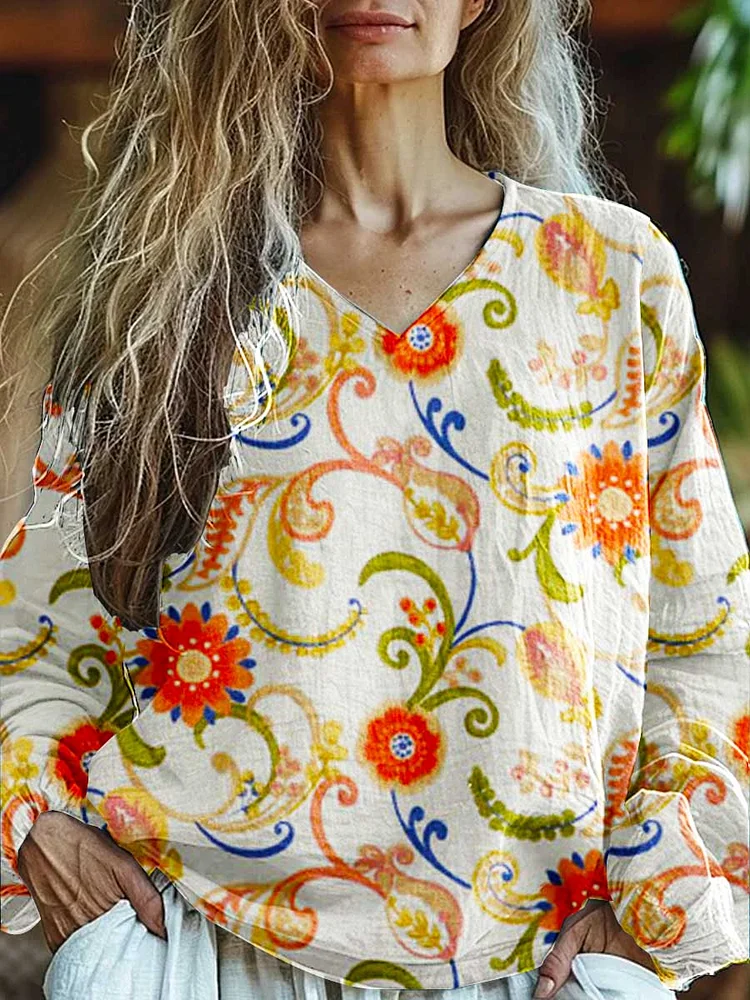 Womens Art Geometric Print Casual Long Sleeve Comfortable Cotton Top