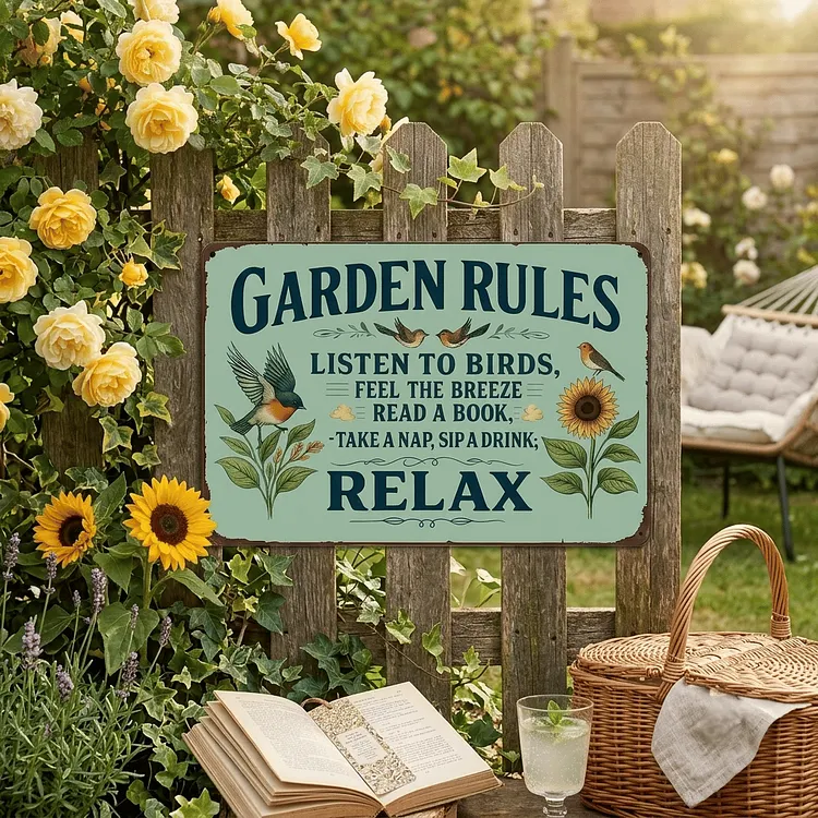 Vintage "Garden Rules" Metal Sign - Relaxing Botanical Outdoor Decor 
