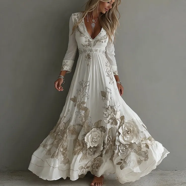 Women's Vintage White Flowers Embroidery Art V-neck Maxi Dress