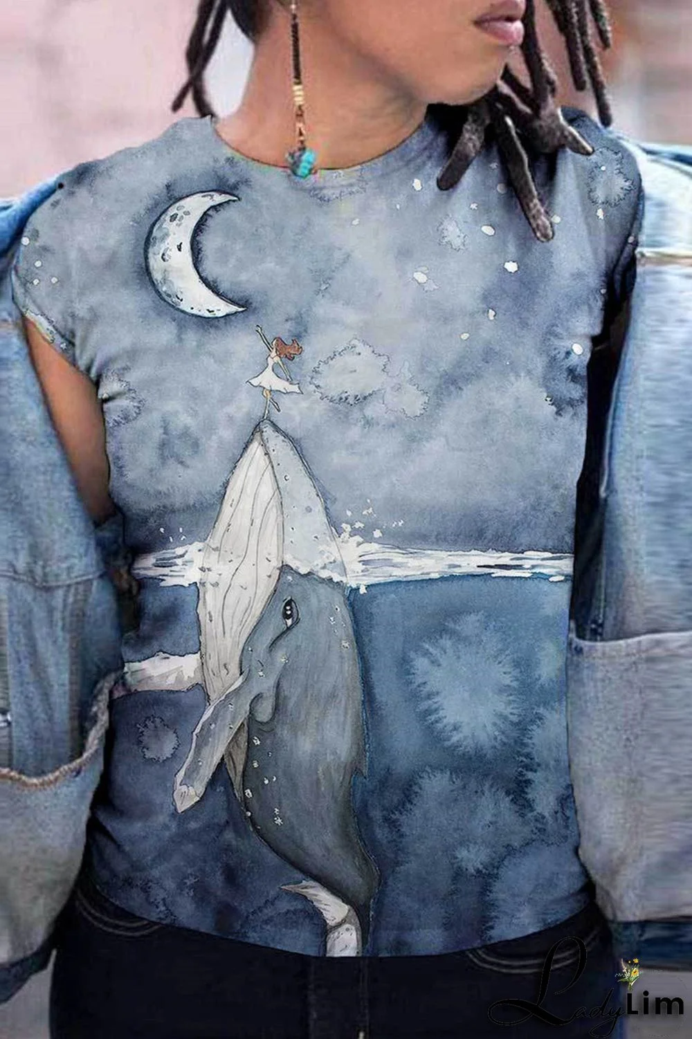 Blue Fashion Casual Print Basic O Neck T-Shirts