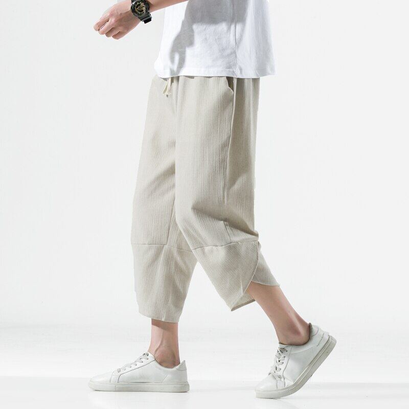 New Men's Summer Casual Pants New Fashion Loose Elastic Waist Tie Men's Cotton Linen Cropped Trousers Men Hip Hop Harem Pants