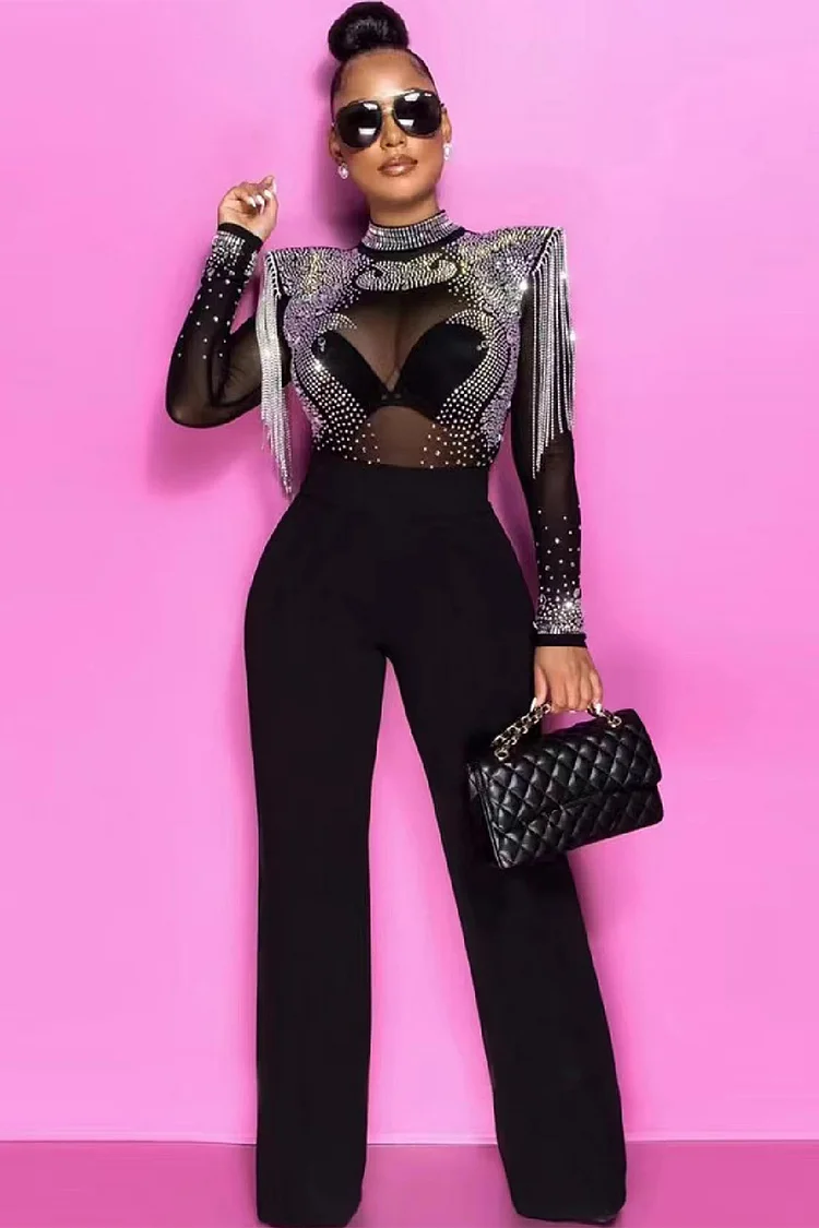 Rhinestone Embellished Fringe Mesh Bodysuit Two Piece Pant Suit-Black