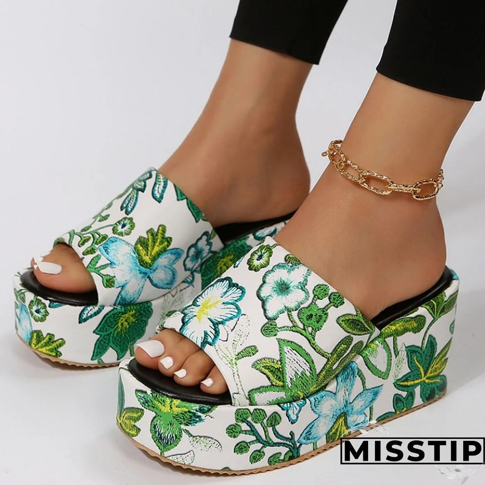 Black Patchwork Printing Round Out Door Wedges Shoes (Heel Height 2.36in)
