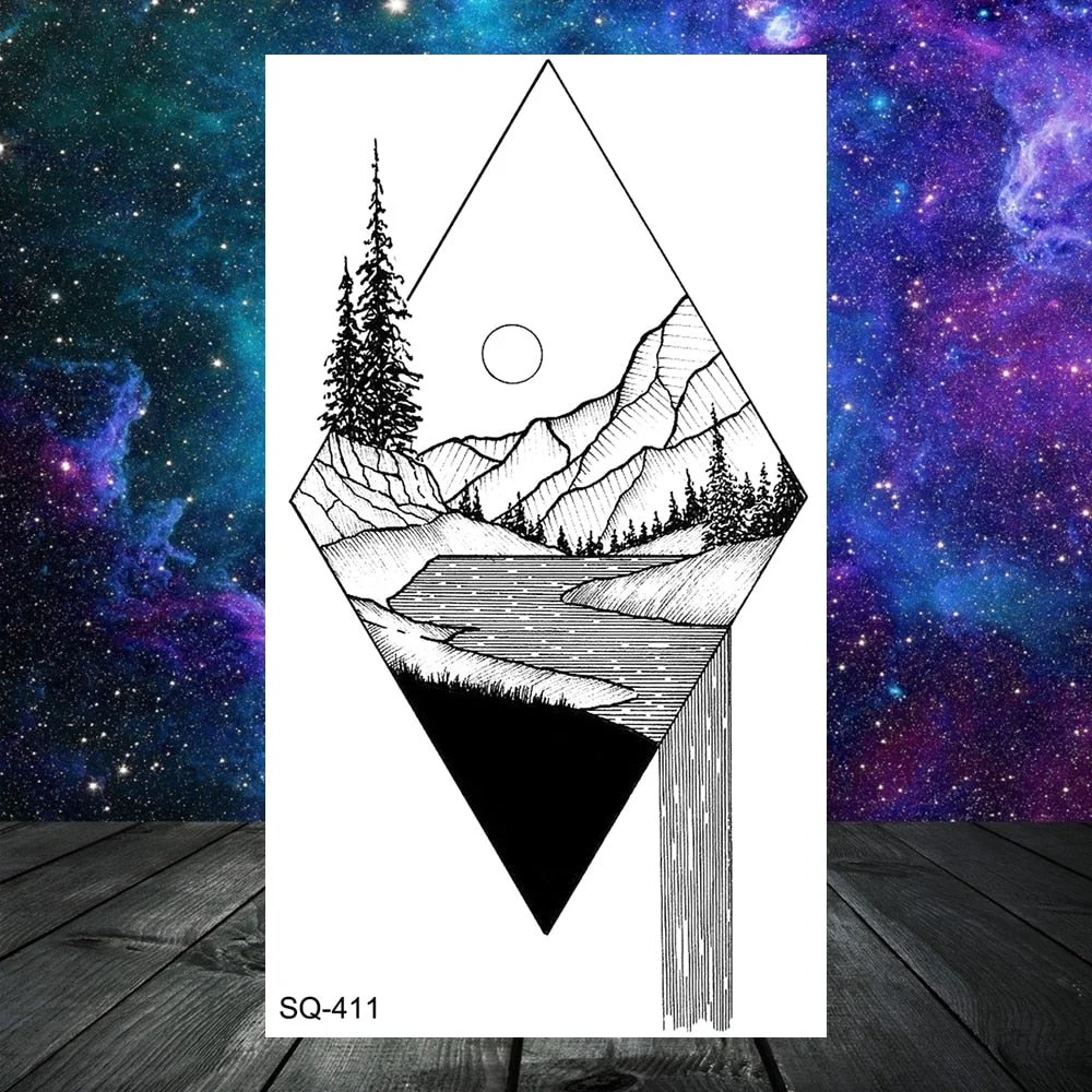 3D Geometry Mountain Sea Temporary Tattoos For Women Adult Men Kids Girl Sun Forest Eyes Fake Tattoo Neck Arm Hands Small Tatoos