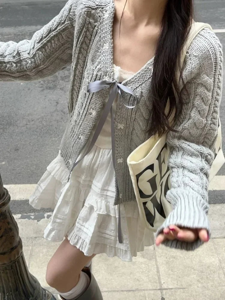 Aiertu Korean Fashion Grey Cardigans Women Sweet Gil Bow Bandage Coquette Knitted Sweater Mujer Casual Long Sleeve Tops Autumn aiertu