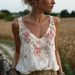 Bohemian Retro Pink Floral Pattern Women's Sleeveless Thin Shoulder Strap Vest - Image 3