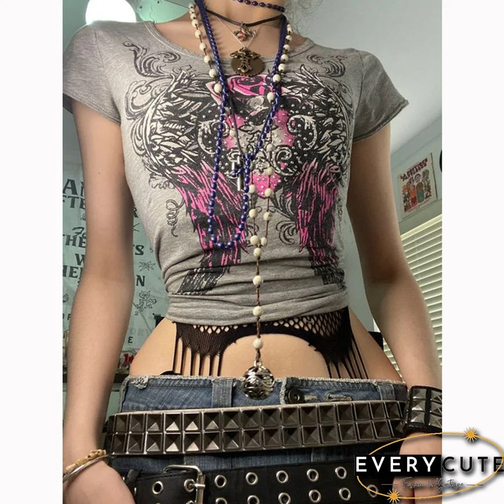 Retro Street Style Heart Wing Graphic Print Rhinestone Shirt