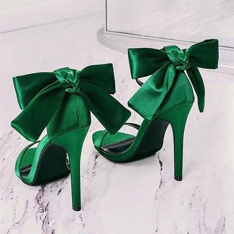 Green Satin Bow Stiletto Heel Ankle Strap Sandals |FSJ Shoes