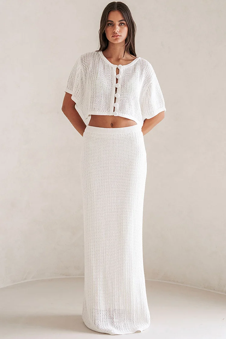 Batwing Sleeve Hollow Out Top Maxi Skirt Knit Matching Set-White [Pre Order]