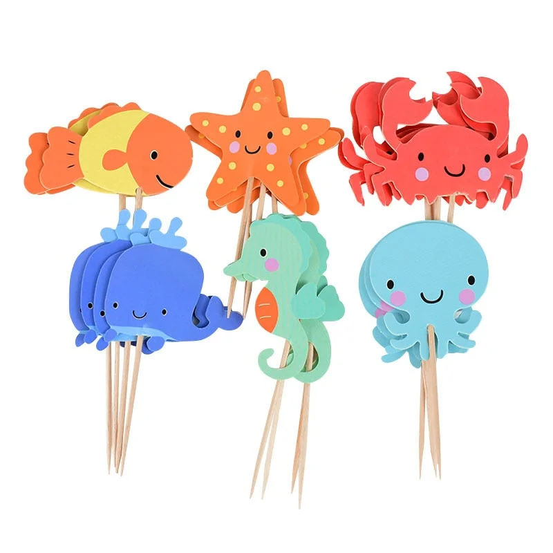 24pcs Ocean Animal Cupcake Toppers Under the Sea Party Cake Flags Boy Baby Shower Mermaid Theme Birthday Party Cake Decorations