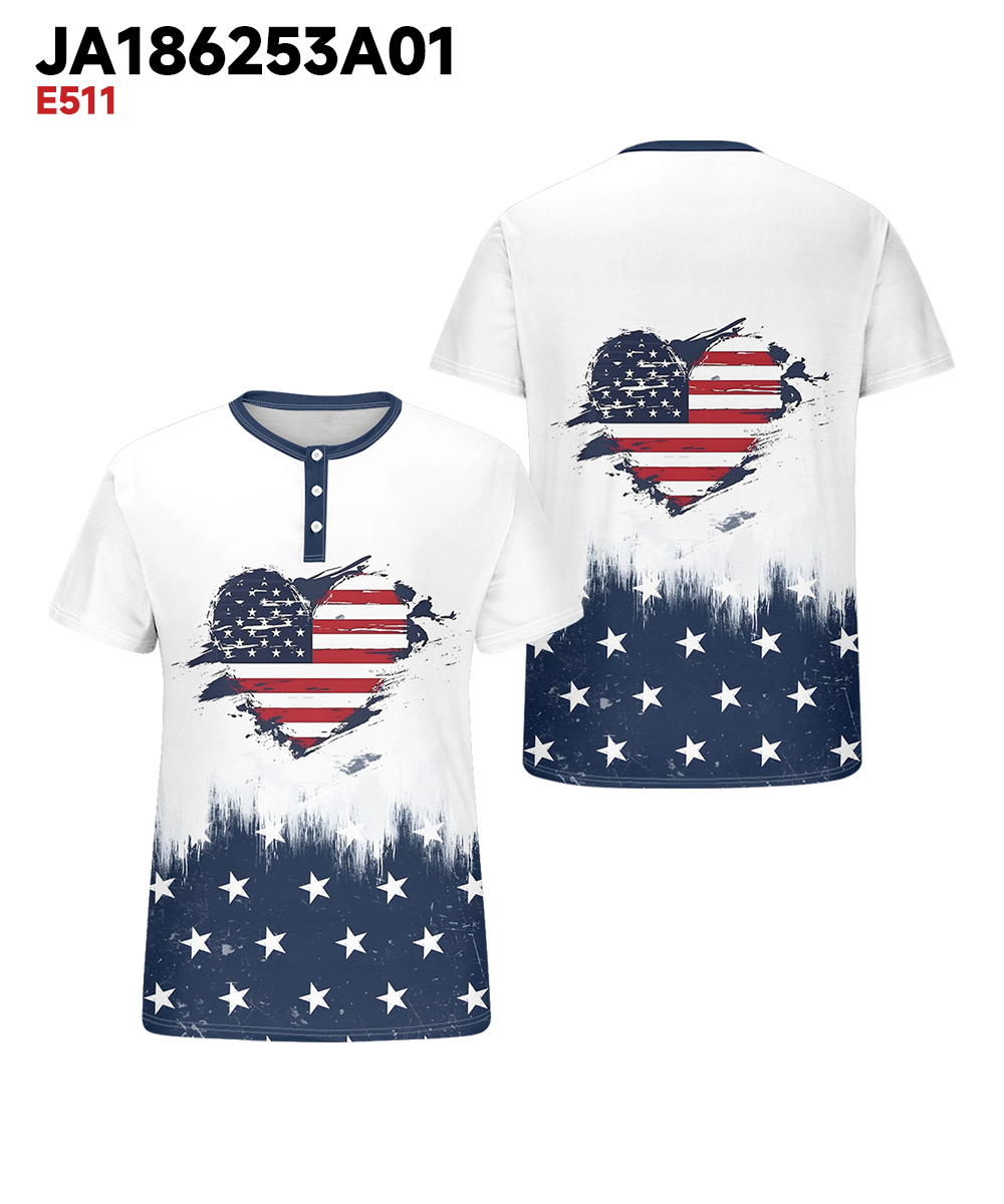 Men's Plus Size Independence Day American Flag Love Print Henry Collar Button Short Sleeve Tee