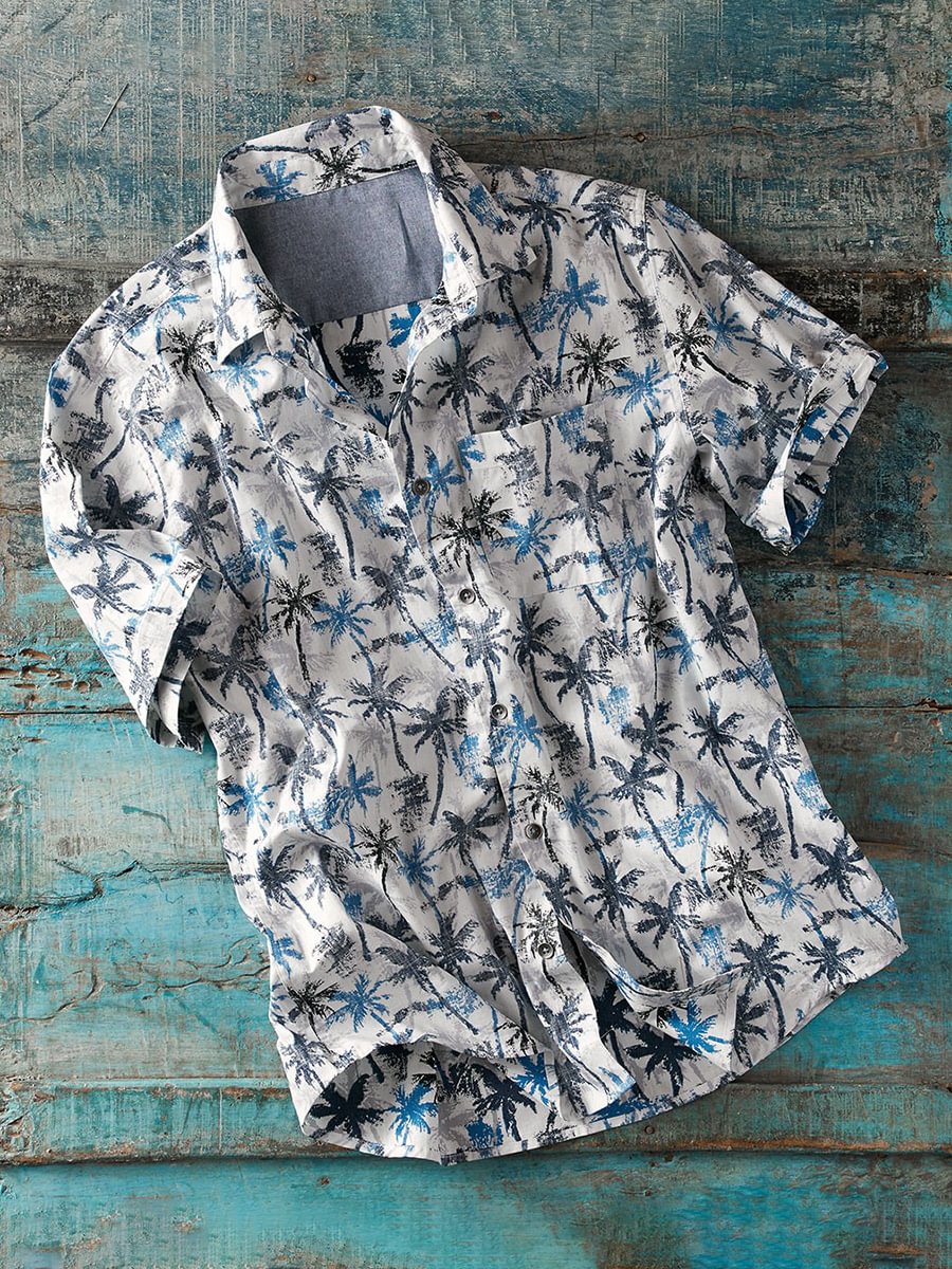 Men's Coconut Tree Printed Short-Sleeved Cotton and Linen Shirt
