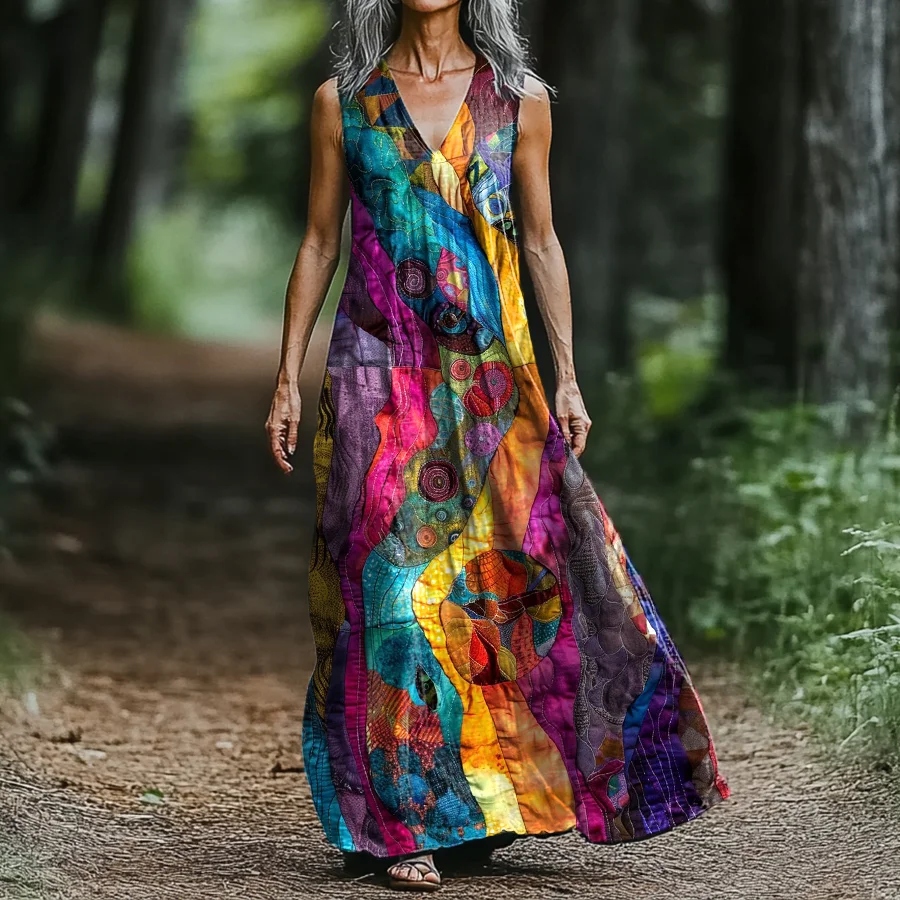Comstylish Women's Abstract Rainbow Art Print V-neck Tank Midi Dress