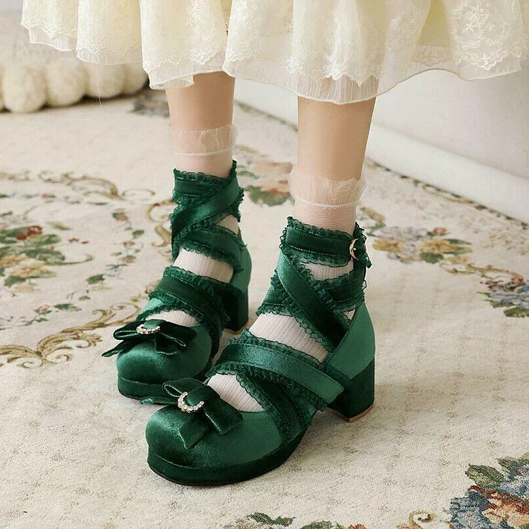 Green Round Toe Wrap Pumps Vintage Block Heel Velvet Buckle Loafers |FSJ Shoes