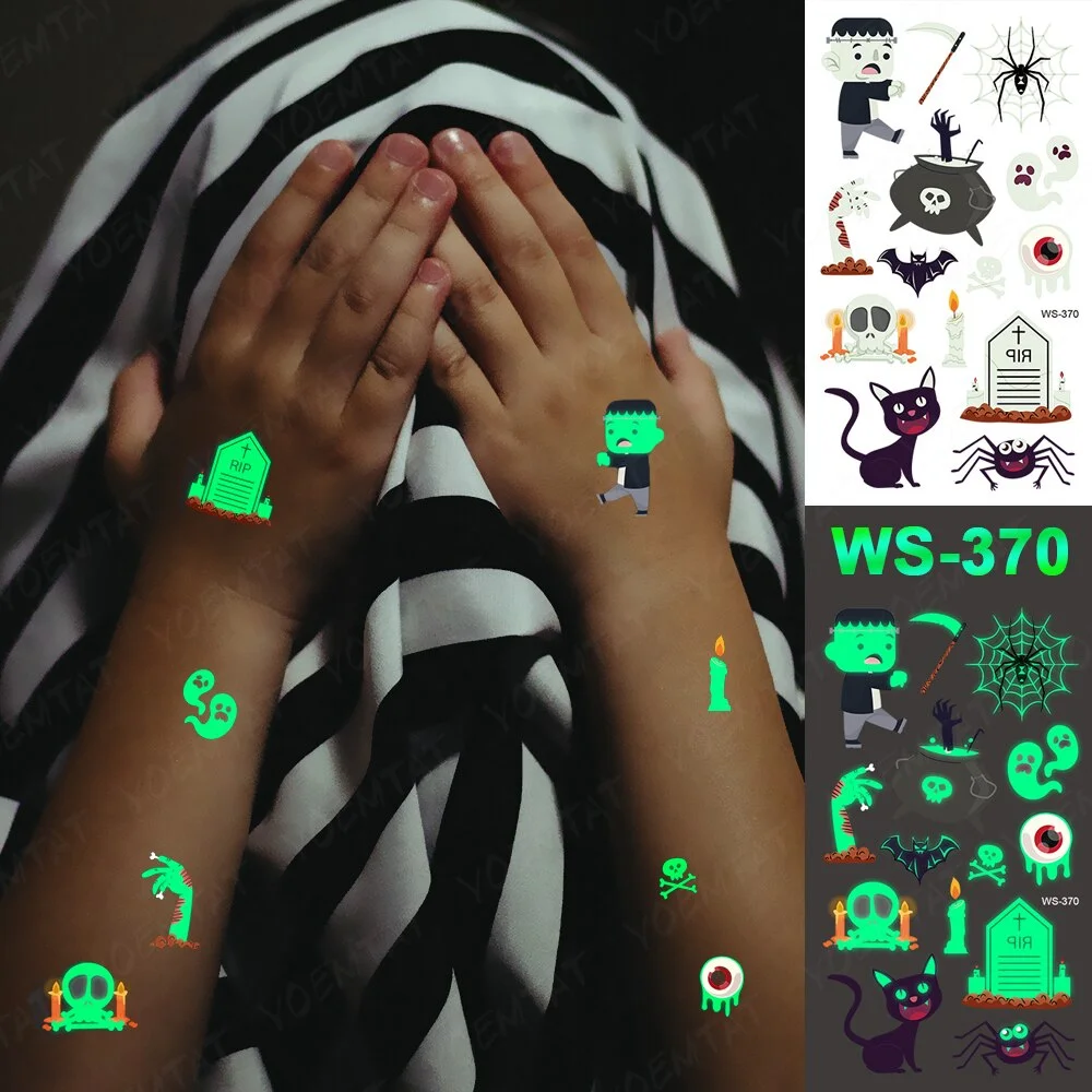 Halloween Party Cartoon Magic book witch Luminous night Tattoo Stickers Elf Ghost Temporary Waterproof Glitter Body Art For Kid