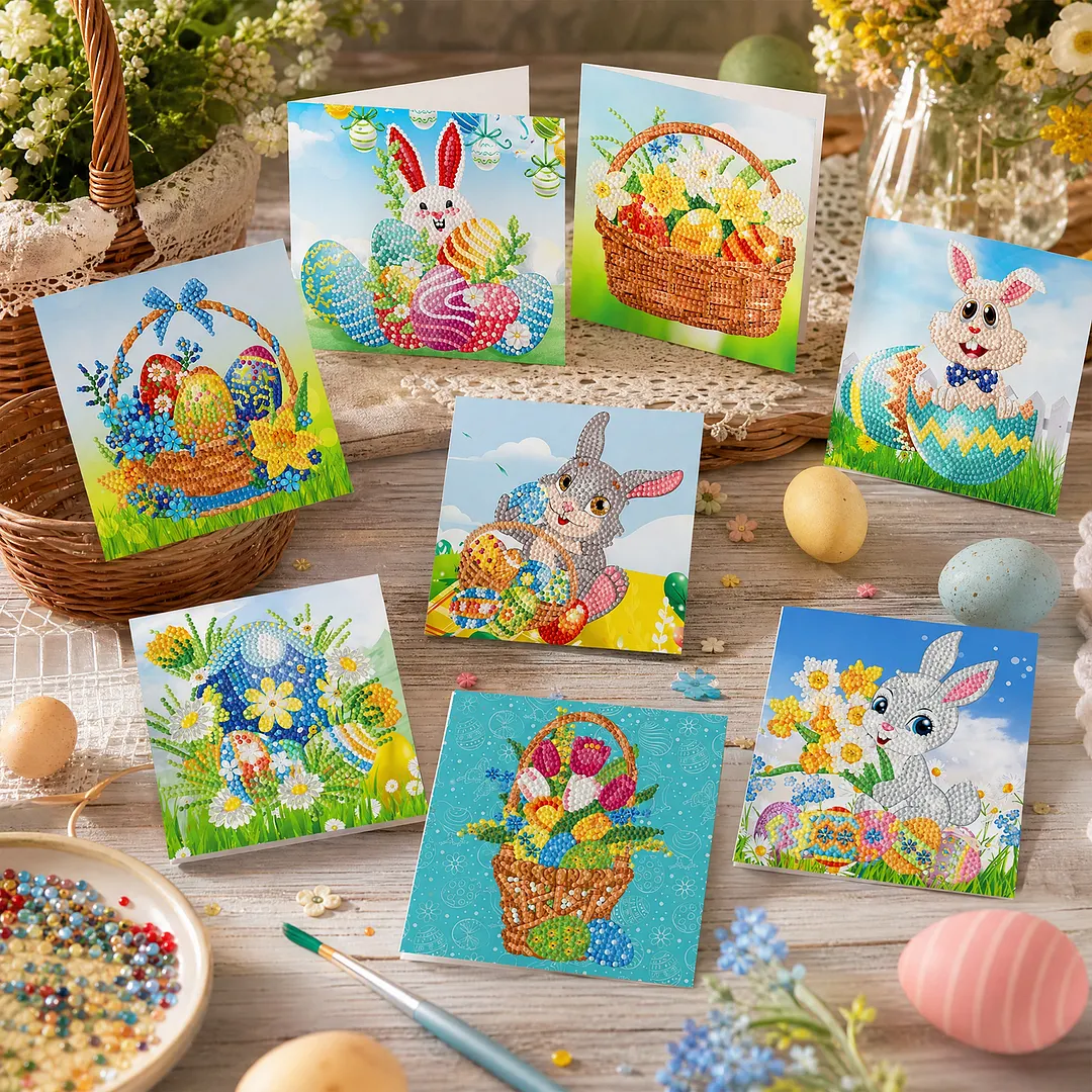 8PCS Easter Egg Rabbit DIY Diamond Painting Greeting Card Kits with Envelopes Diamond Art Greeting Cards Diamond Art Cards Kits for Adults DIY Crafts Family Friend Gifts