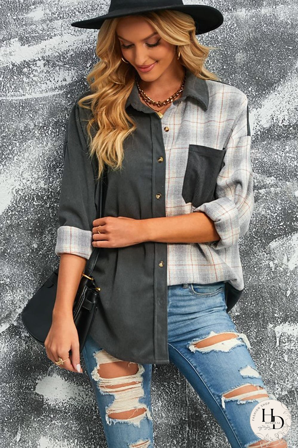 Double Take Plaid Color Block Dropped Shoulder Corduroy Shacket